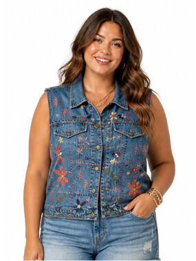 RARE Vintage Susan Bristol Denim Vest. Hand embroidered flowers & leaves Size 1X